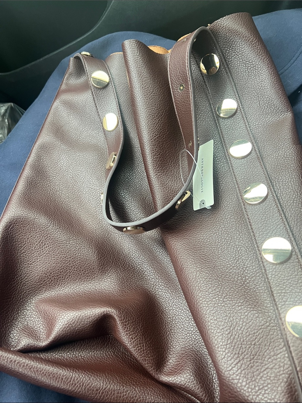 Anthropologie NEW Studded Vegan-Leather North-South Tote Bag brown chic boho - Picture 8 of 11